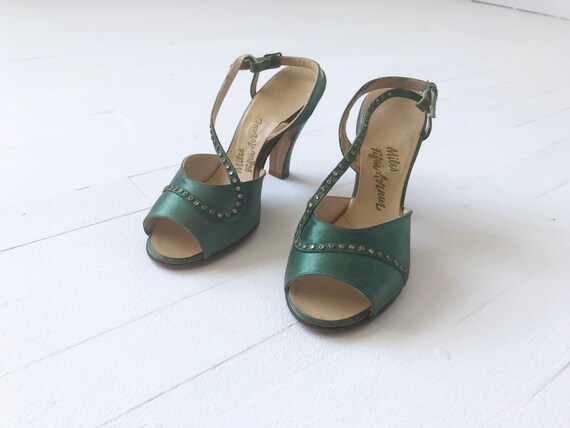 1950s Green Satin Rhinestone Heels