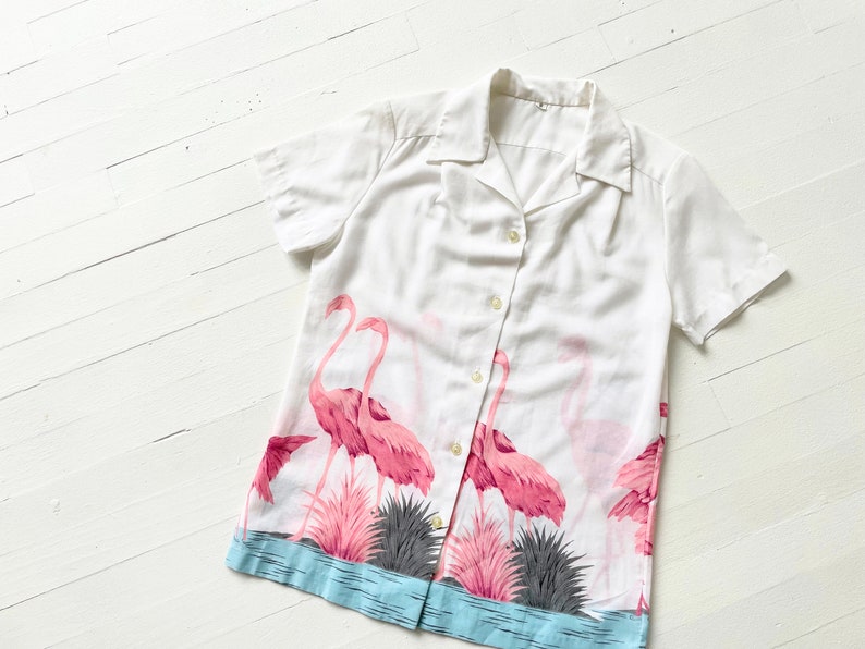 Vintage White Flamingo Print Shirt image 3