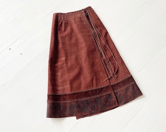 1970s Char Painted Brown Suede Wrap Maxi Skirt