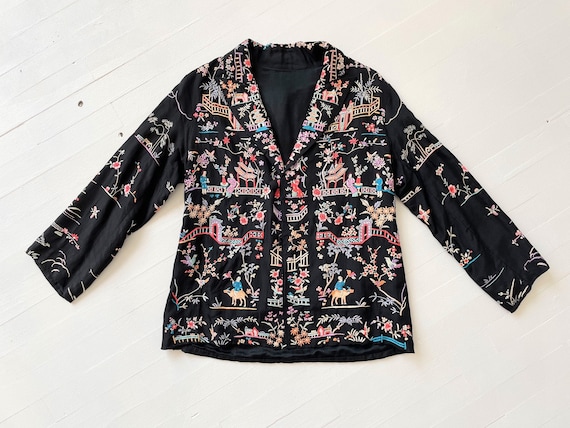 Vintage Embroidered Chinoiserie Black Silk Jacket - image 3