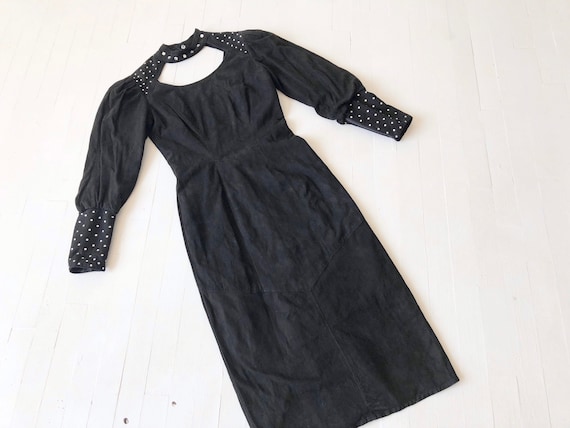 1980s Black Suede Leather Rhinestone Dress - image 1