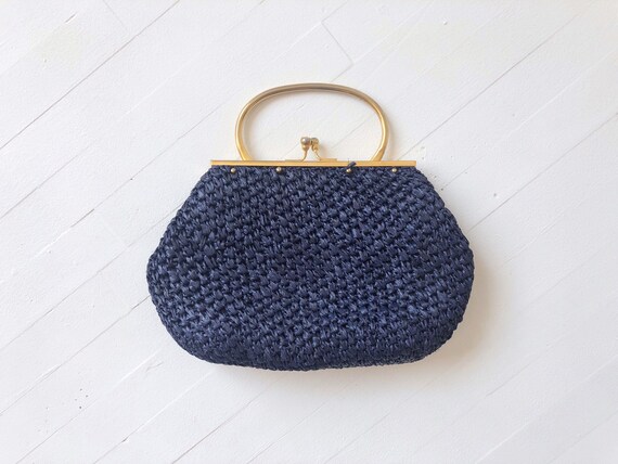 1950s Navy Raffia Top Handle Bag