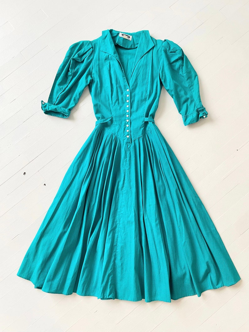 1980s Teal Blue Striped Prairie Dress image 3