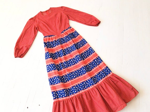 1970s Red Dotted Floral Maxi Dress - Etsy