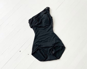 Vintage Black Scandal Suit with Mesh Back and Asymmetric Neckline