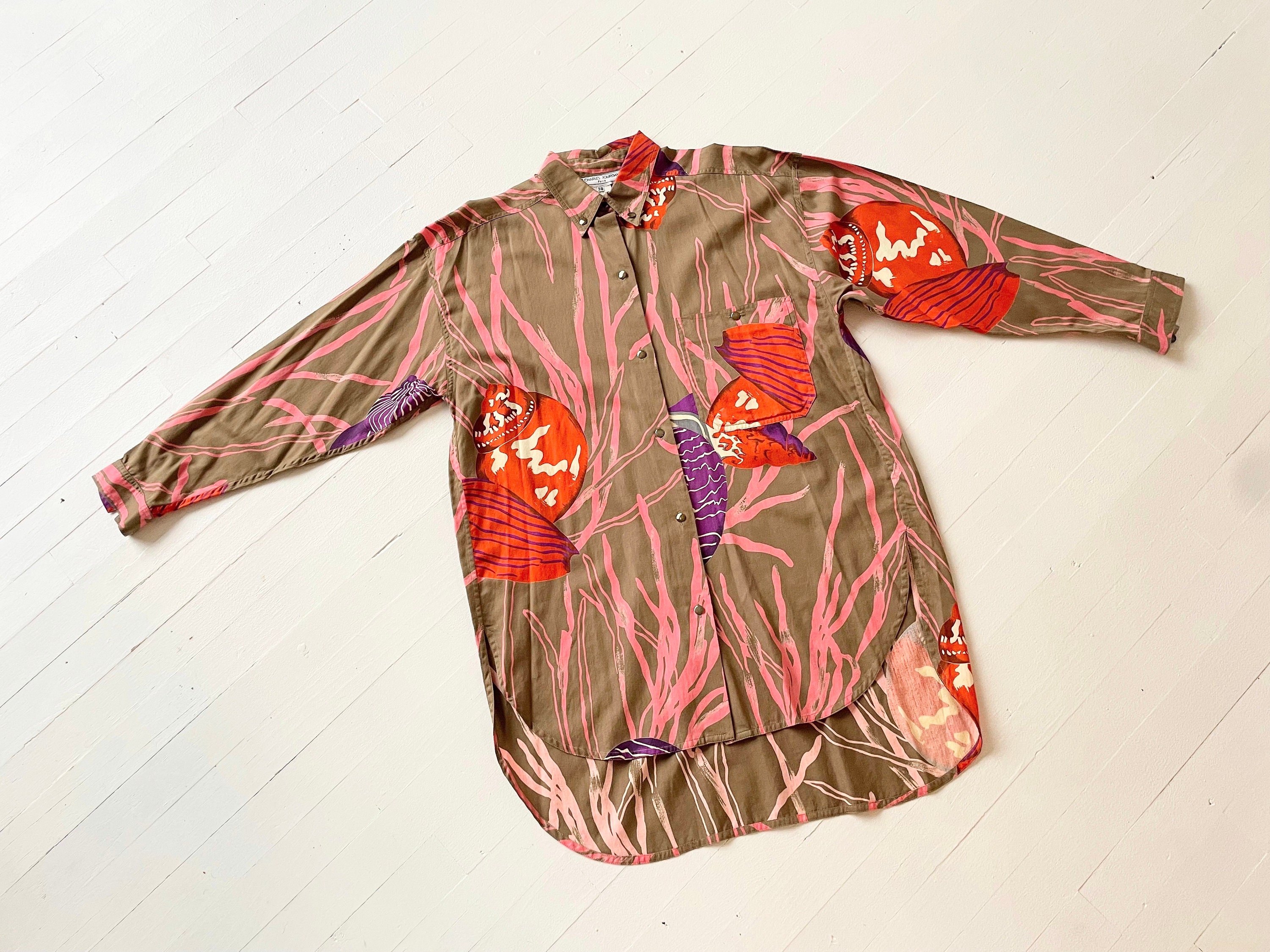 1970s Charles Jourdan Seashell + Botanical Print Shirt 