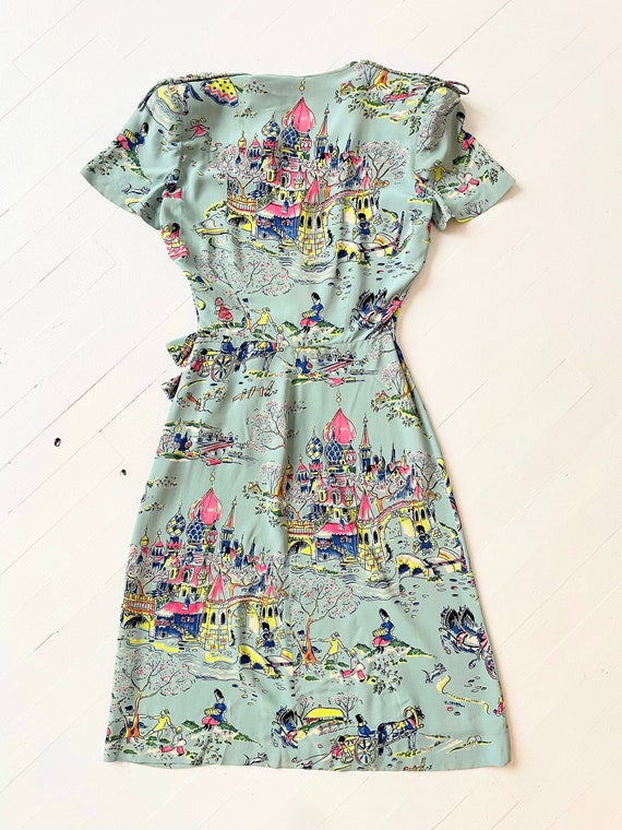 1940s Novelty Russian Print Blue Rayon Crepe Dress - image 7
