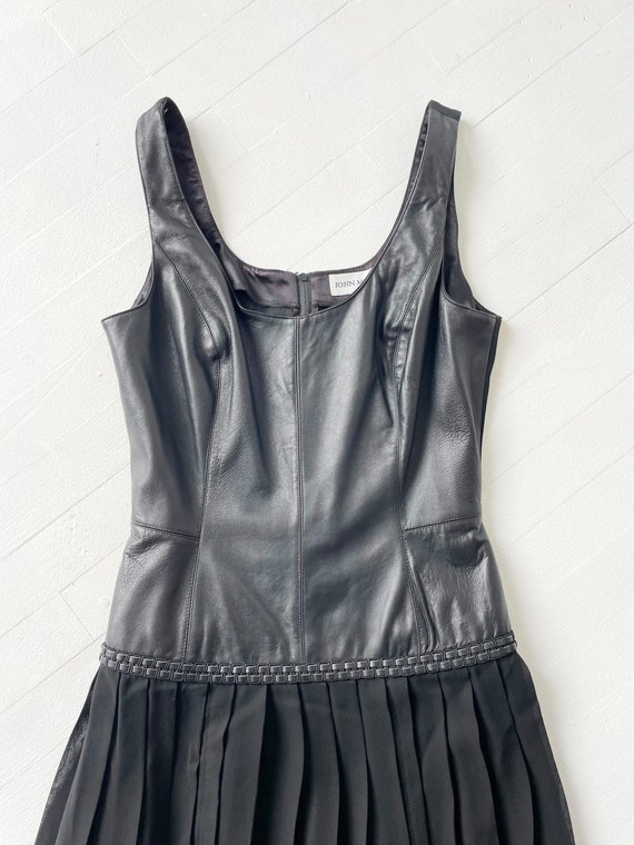 1980s Black Leather & Chiffon Dress - Sheer Pleated Skirt with Slits, XS/S Vintage