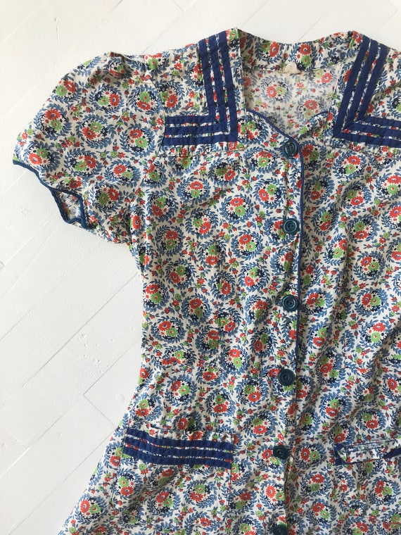 1940s Blue Floral Print Dress