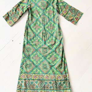 1970s Ramona Rull Green Printed Caftan Dress with Embellished Mirrors image 5