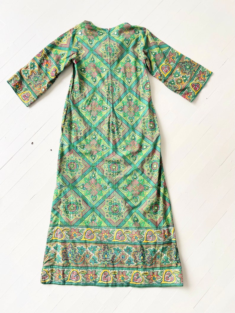 1970s Ramona Rull Green Printed Caftan Dress with Embellished Mirrors image 5