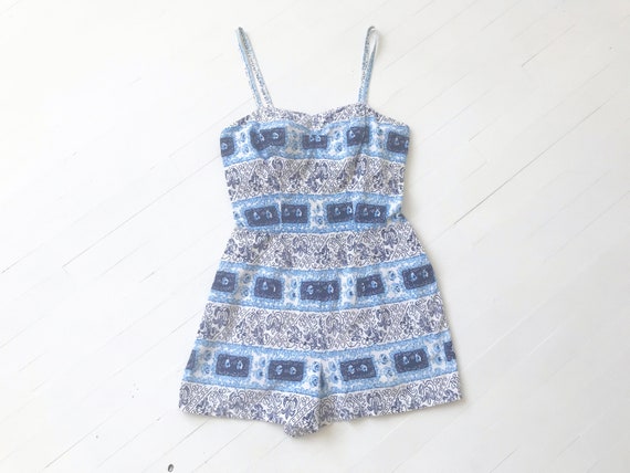 1950s Blue Floral Print Swimsuit Romper