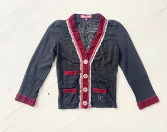 Cárdigan Voyage Passion de los 90 con ribete de terciopelo y top de jacquard transparente con volantes, talla S/M Vintage