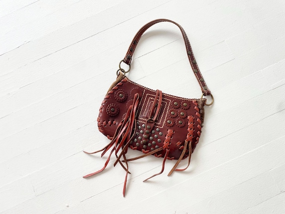 1990s Studded Lace-Up Fringe Brown Leather Bag