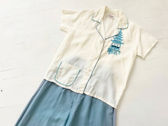 1950s Embroidered White + Blue Pyjama Set - image 8