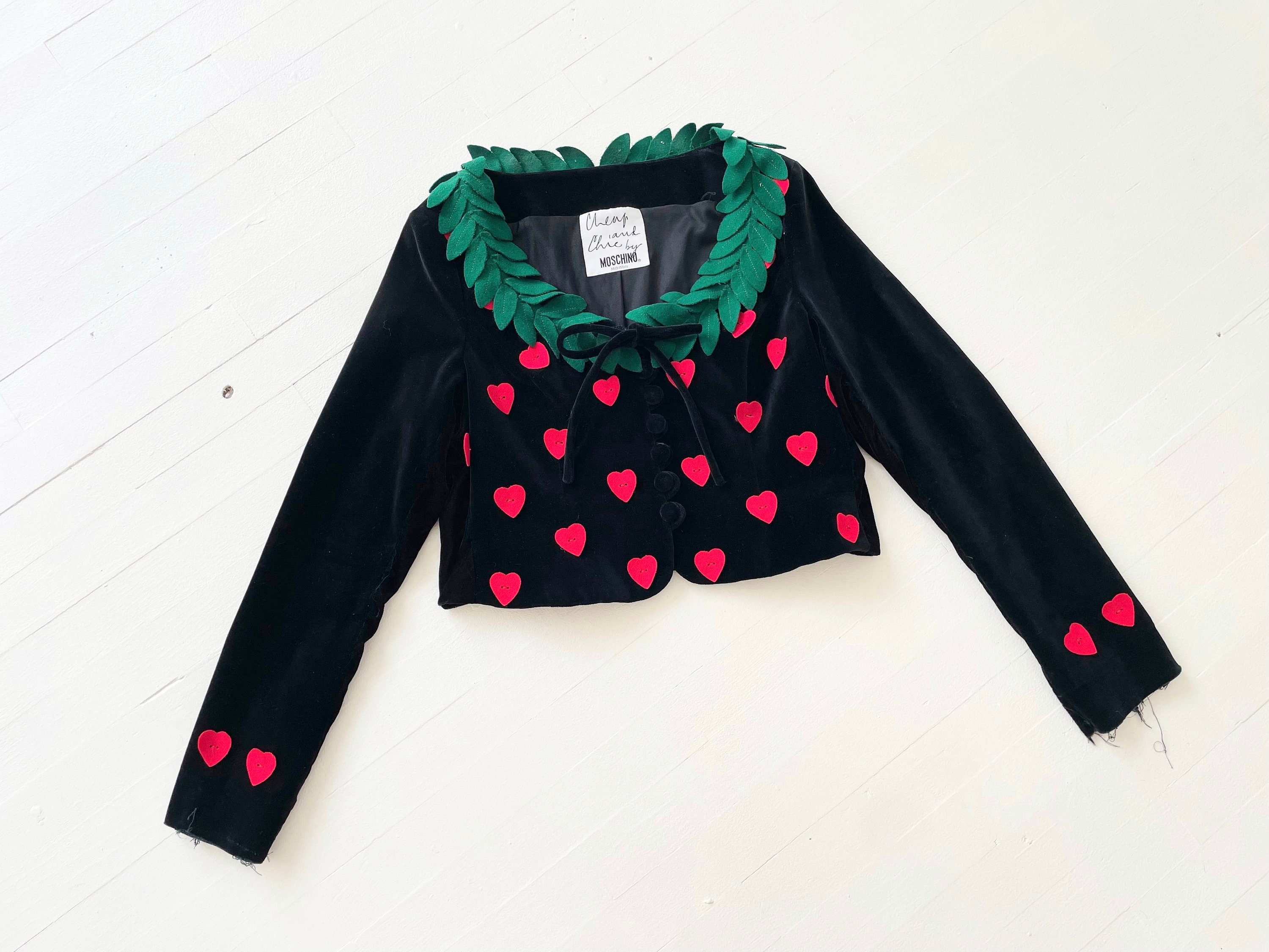 Vintage Moschino Black Velvet Jacket With Embroidered Hearts