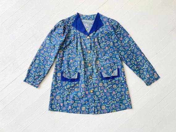 1950s Blue Novelty Print Cotton Smock - image 3