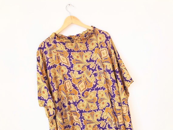 1970s Silk Paisley Print Caftan Dress