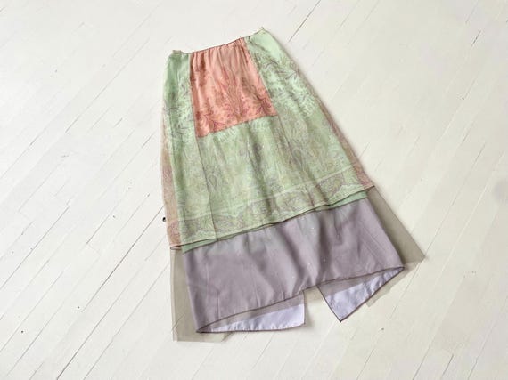 1990s Rozae Nichols Silk Skirt – Pastel Paisley Sheer Overlay with Fishtail Back, S/M Vintage
