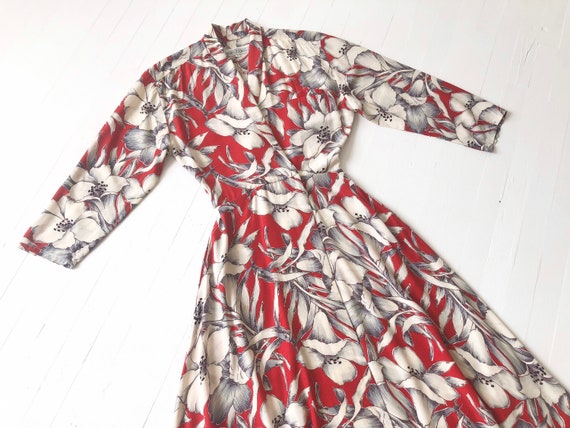 1980s Norma Kamali Red Floral Print Wrap Dress