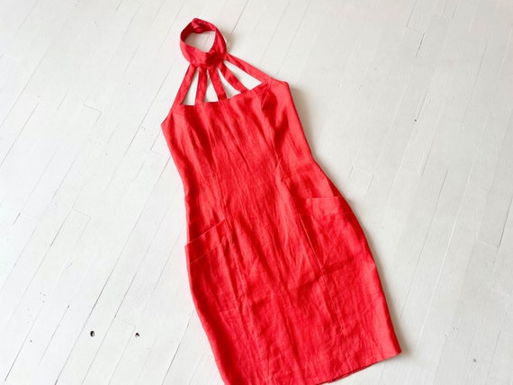 1980s Coral Linen Cage Neck Dress - image 6