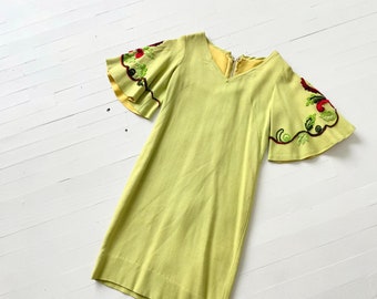 1960s Lime Green Linen Dress with Embroidered Bell Sleeves