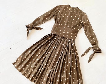 1970s Bill Blass Brown Polka Dot Dress with Matching Headscarf