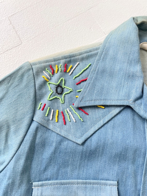 1970s Embroidered Beaded Blue Denim Shirt - image 3