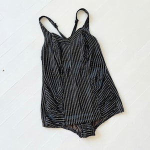 1970s Metallic Striped Black Halter Neck Swimsuit