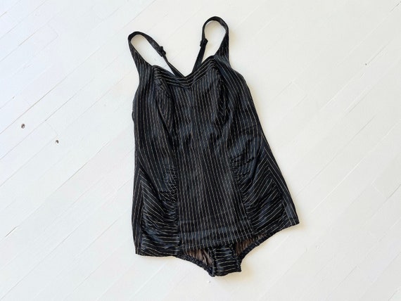 1970s Metallic Striped Black Halter Neck Swimsuit - image 1