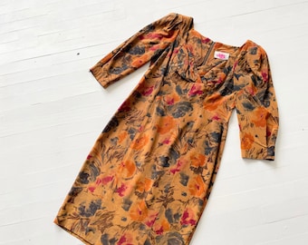 1990s Floral Print Gold Wiggle Dress