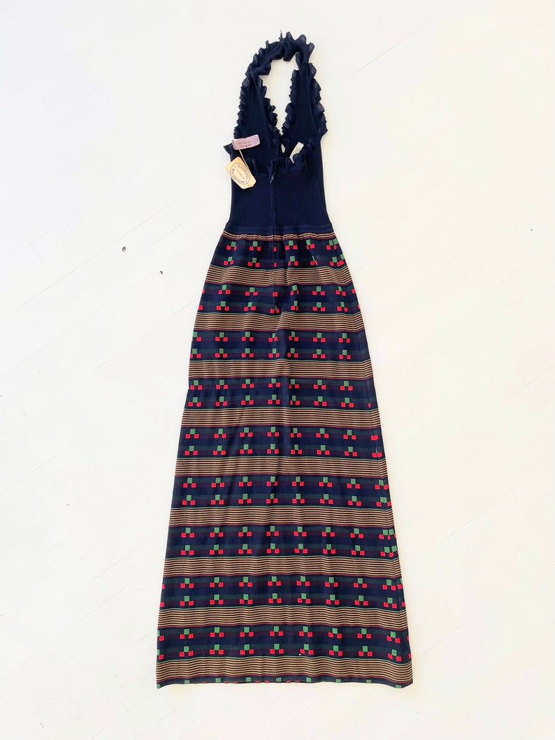 1970s Crissa Patterned Navy Knit Maxi Halter Dress with Ruffled Neckline image 3