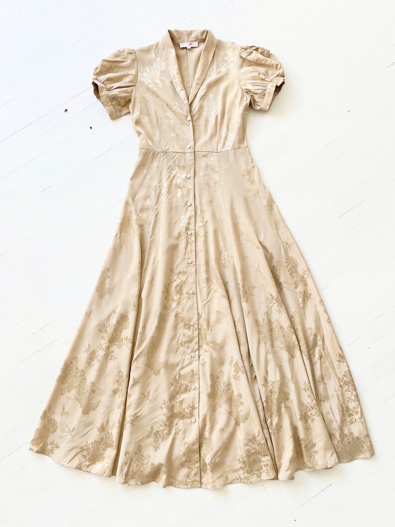 Vintage Gold Satin Jacquard Puff Sleeve Maxi Dress image 3