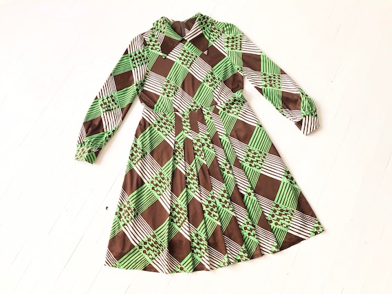 1970s Green + Brown Plaid Dress