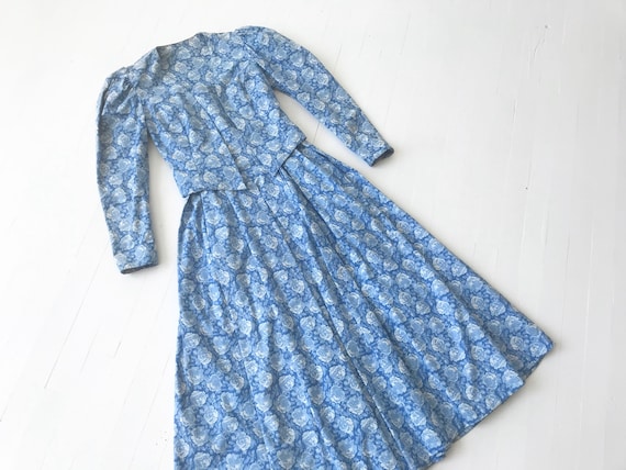 1980s Blue Rose Print Dress + Jacket Set