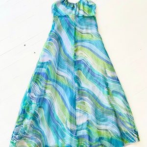 1970s Blue Green Printed Chiffon Halter Neck Maxi Dress with Matching Scarf image 3