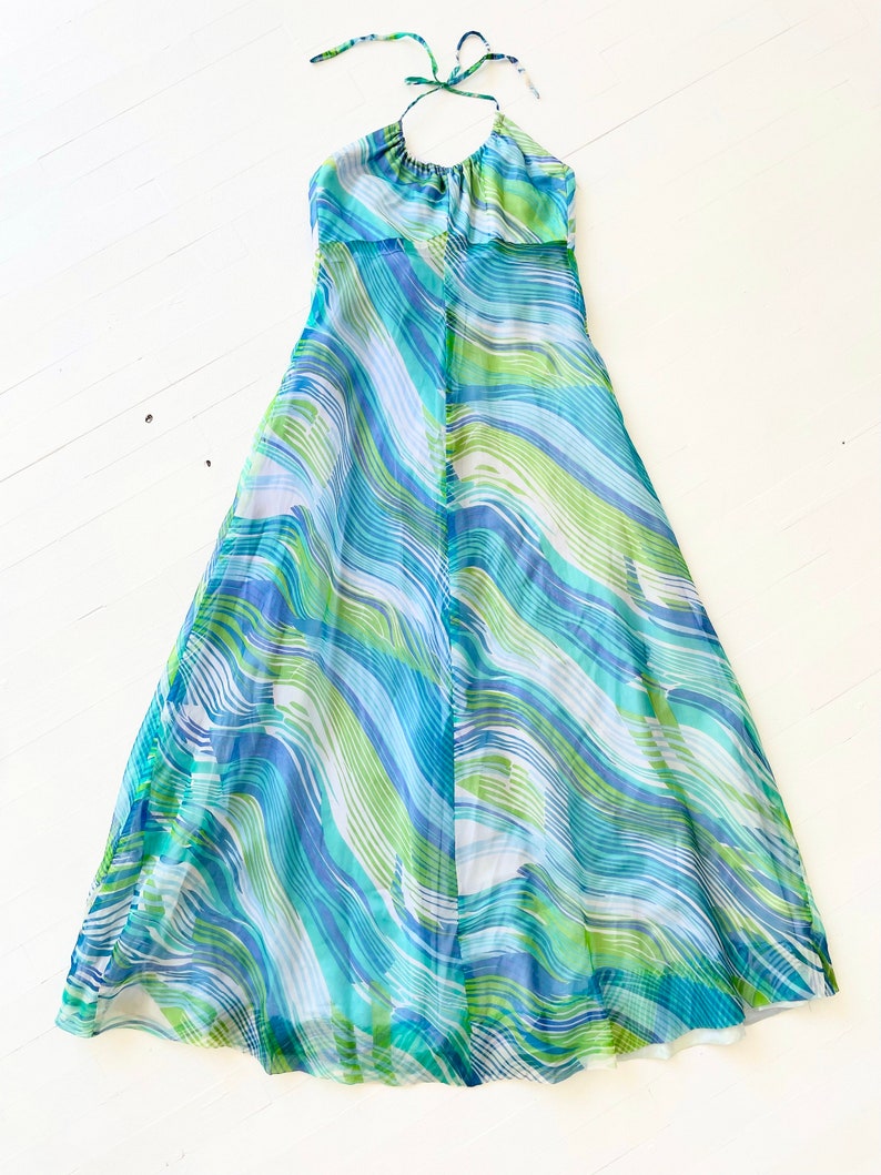 1970s Blue Green Printed Chiffon Halter Neck Maxi Dress with Matching Scarf image 3
