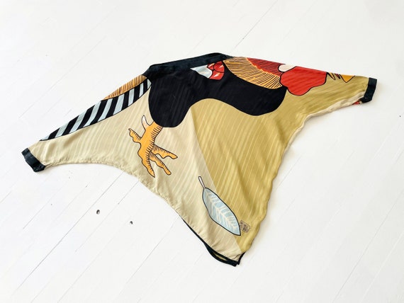 1980s Vollbracht Printed Silk Batwing Sleeve Top - image 1