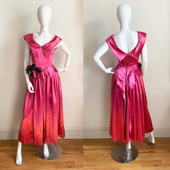 1940s Fuchsia Liquid Satin Flora Gown