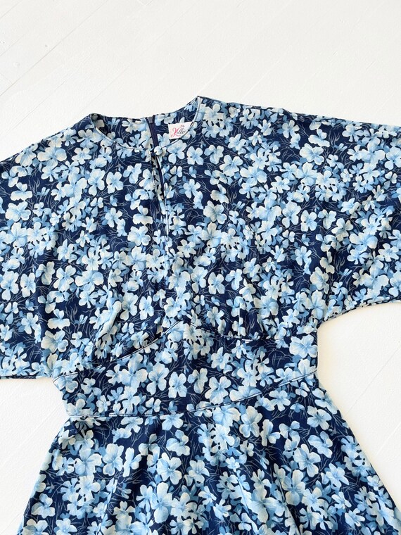 1980s Blue Floral Print Cotton Dress - image 2