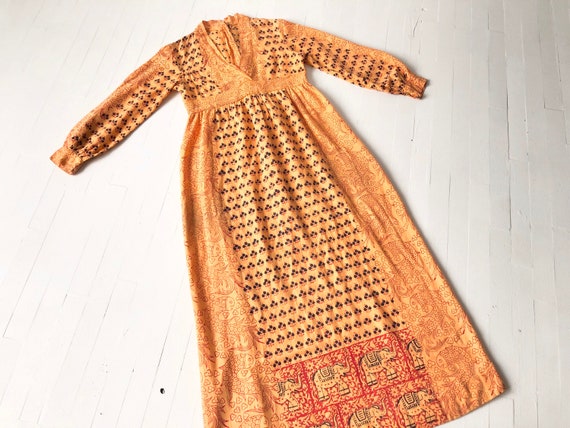 1970s Orange Block Print Maxi Dress