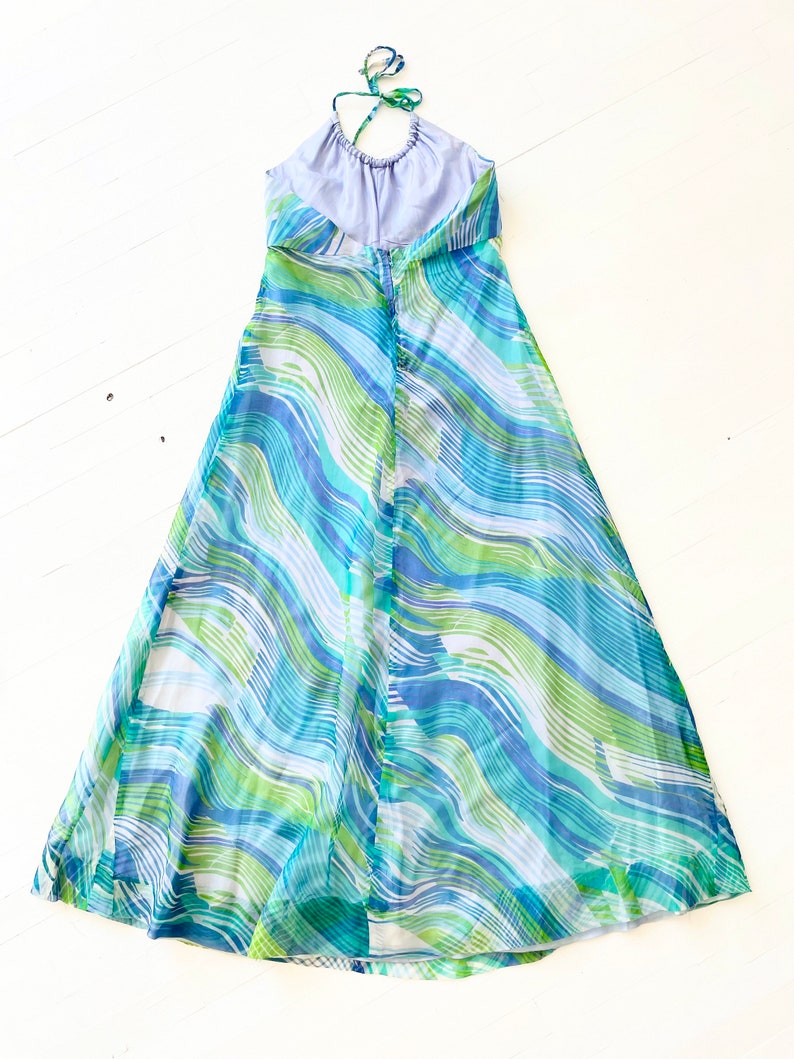 1970s Blue Green Printed Chiffon Halter Neck Maxi Dress with Matching Scarf image 5