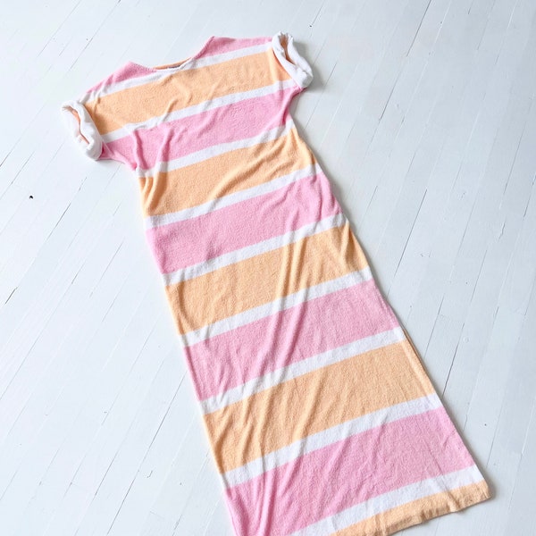 1970s Clovis Ruffin Pastel Striped Terrycloth Maxi Dress