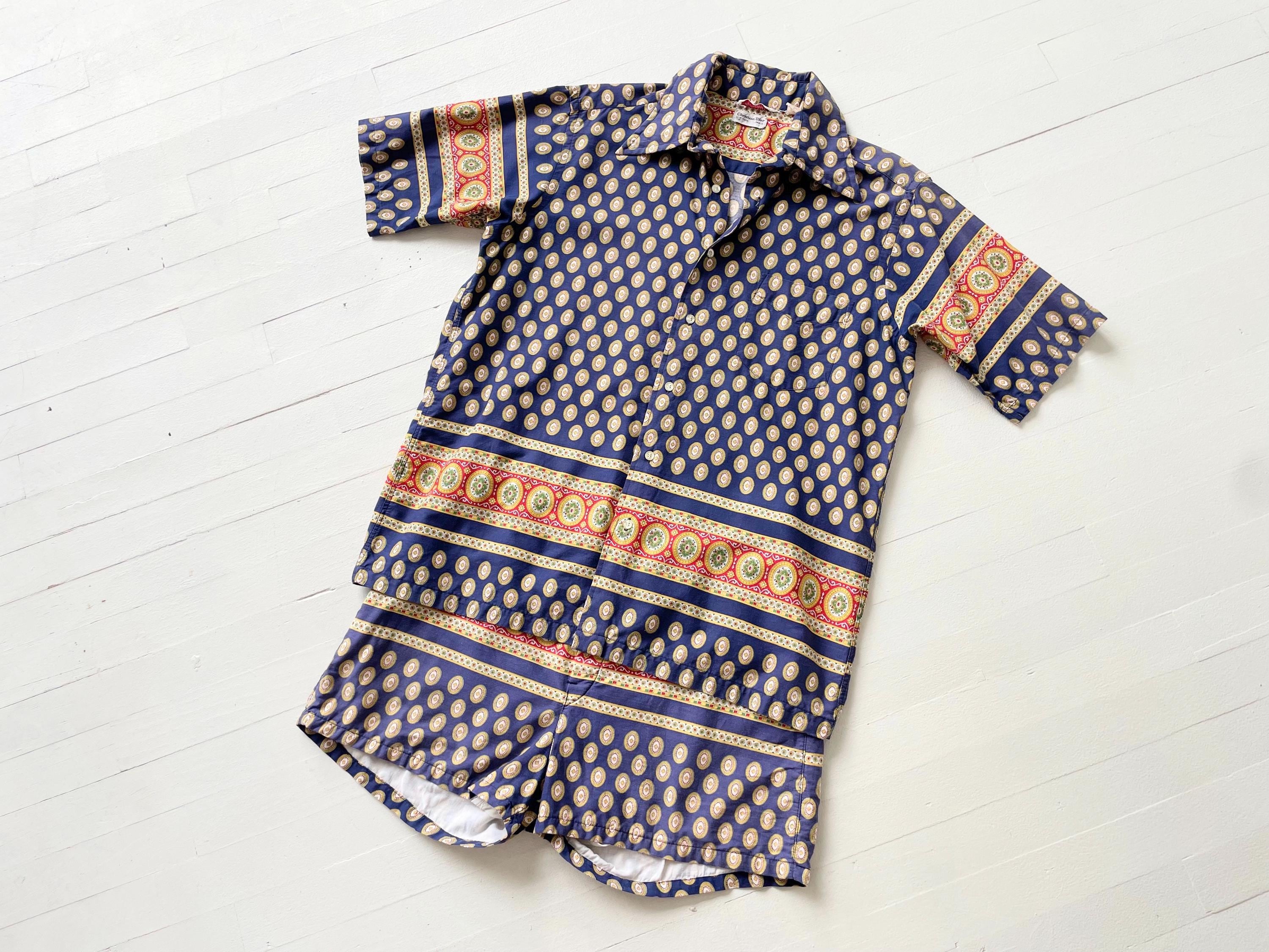 1970s Christian Dior Men's Navy Print Cotton Shirt + Short Cabana