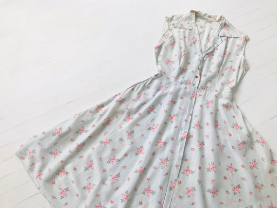 1940s Blue Rose Print Rayon Dress