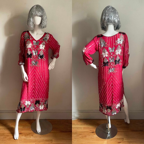 1980s Magenta Sequin Butterfly Dress