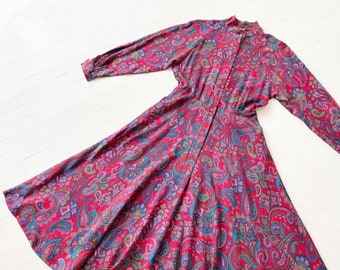 1980s Burgundy Paisley Print Dress