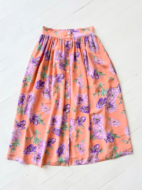 1980s Silk Floral Print Button Down Skirt - image 3