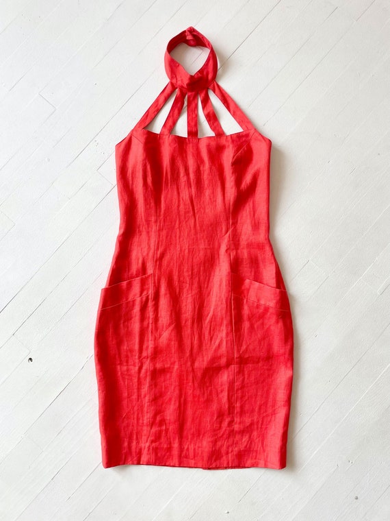 1980s Coral Linen Cage Neck Dress - image 3