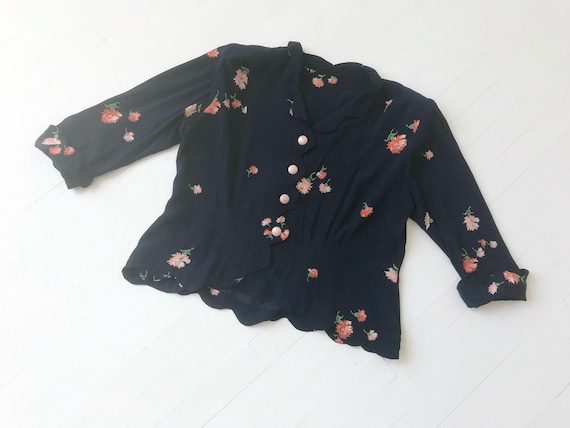 1940s Navy Rayon Floral Print Scallop Blouse